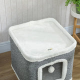 PawHut 2-Level Cat House with Top Bed and Fluffy Balls – Cosy Indoor Cat Cave for Kittens, Grey