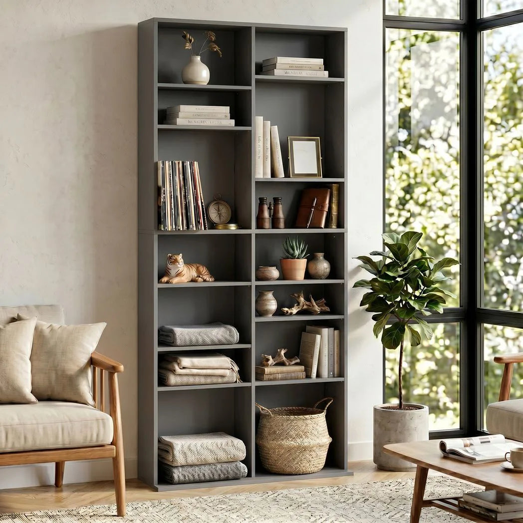 HOMCOM 640 CD Storage Tower with 14 Adjustable Shelves – Tall Narrow DVD and Media Rack, Grey