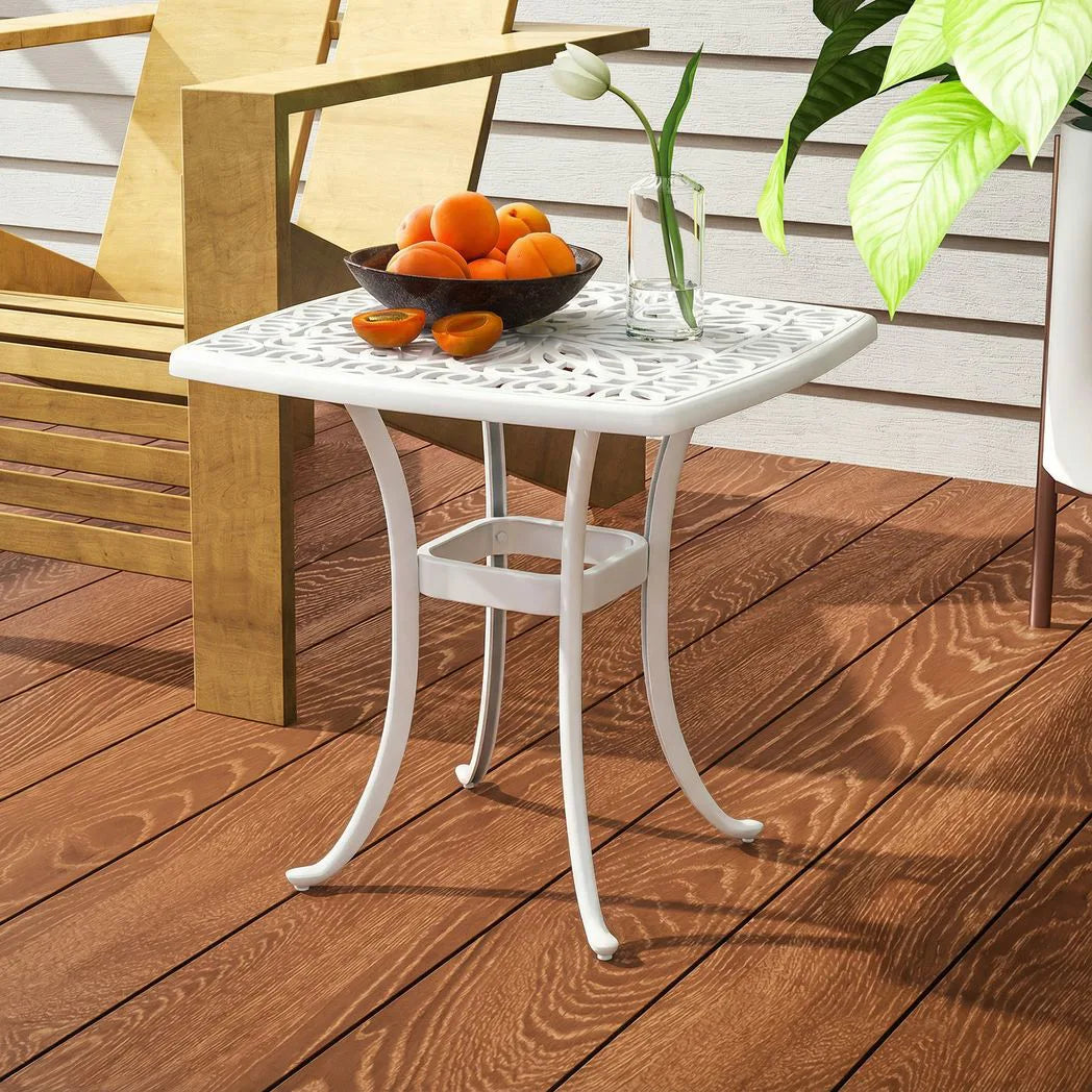 Outsunny Cast Aluminium Garden Side Table with 38 mm Parasol Hole, Floral Patio End Table with Adjustable Feet