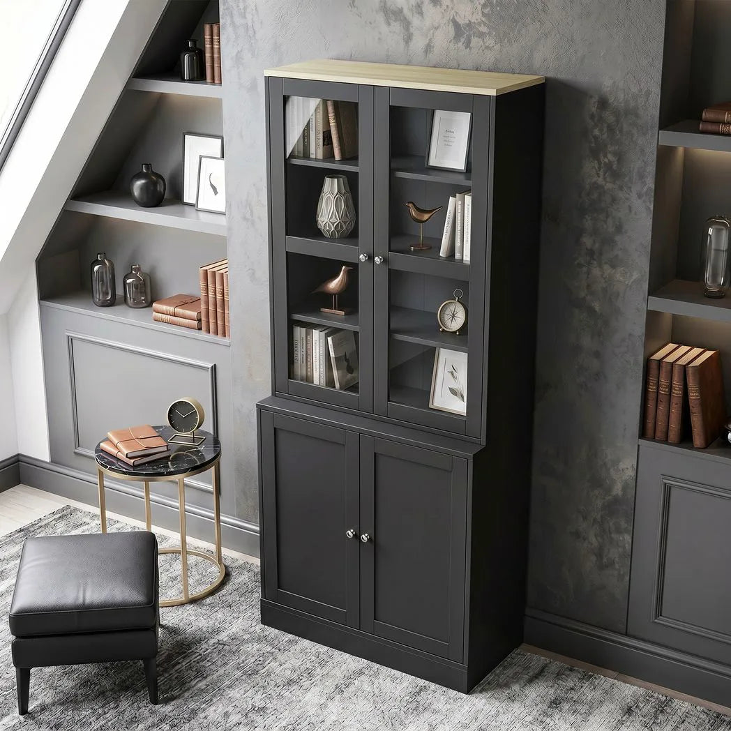 HOMCOM Modern Bookcase Display Cabinet with Glass Doors & Adjustable Shelves – Storage Unit, Black