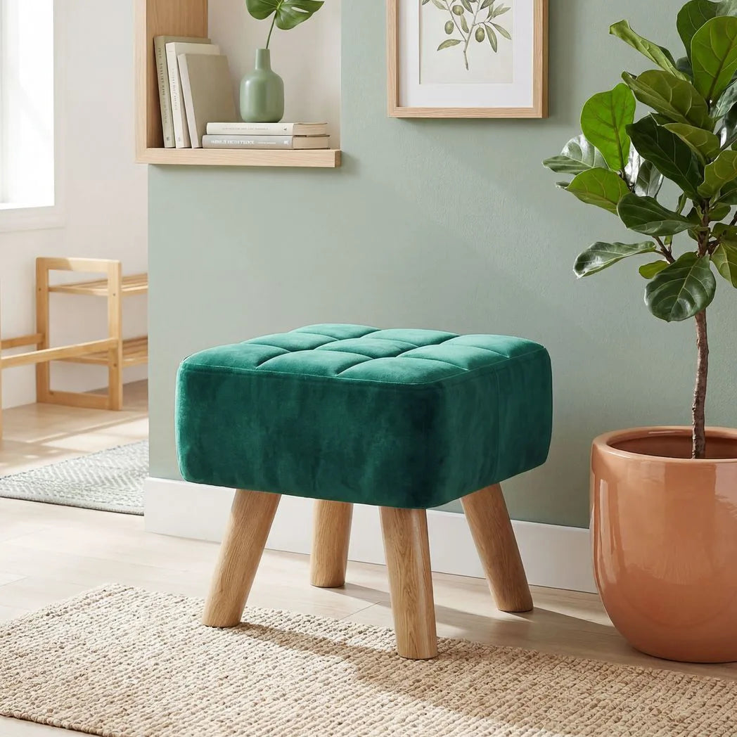 HOMCOM Velvet Square Padded Footstool with Wooden Legs – Leg Rest & Vanity Stool, Dark Green