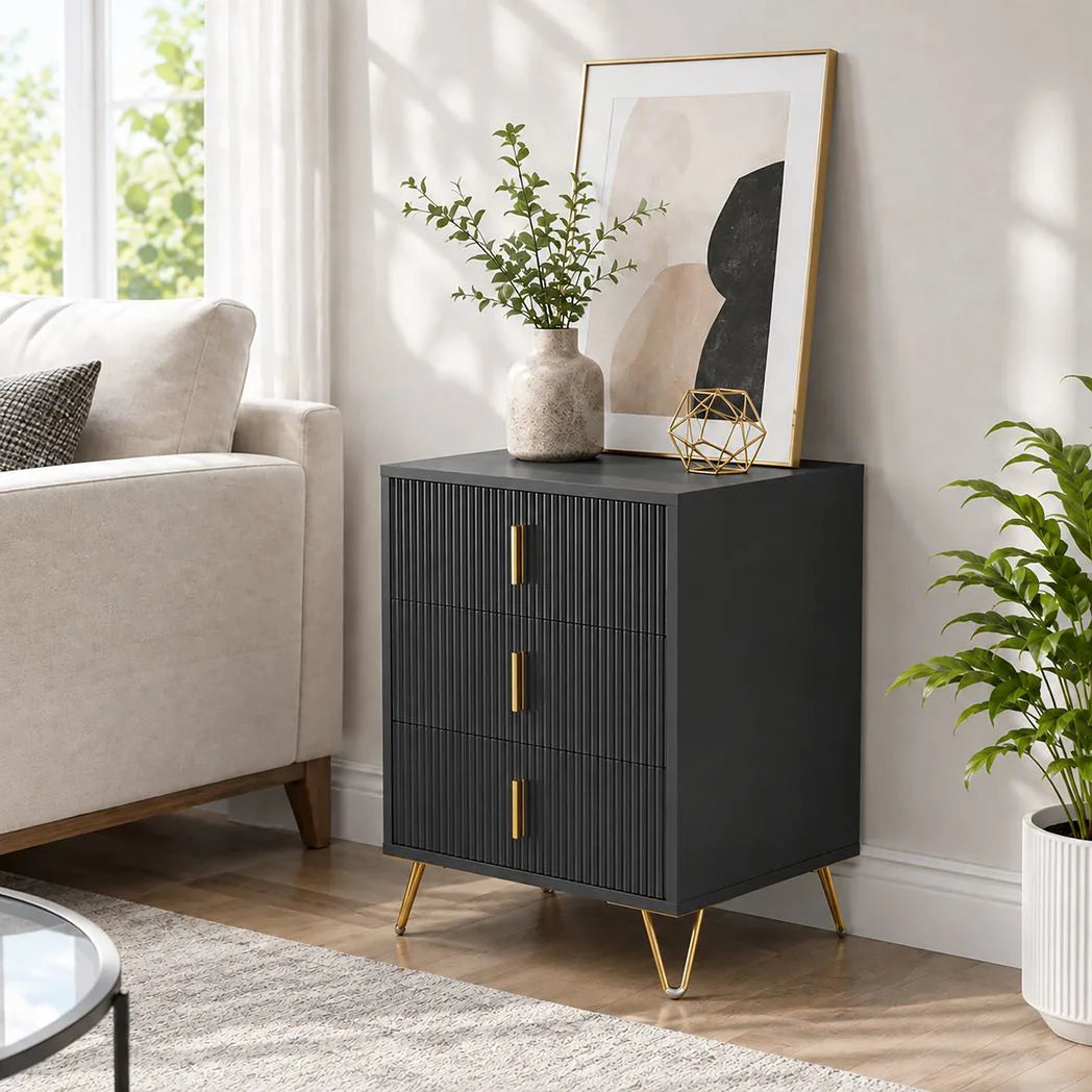 HOMCOM Modern Fluted 3 Drawer Dresser with Metal Legs and Gold-Colour Handles – Bedroom & Hallway Chest of Drawers, Black