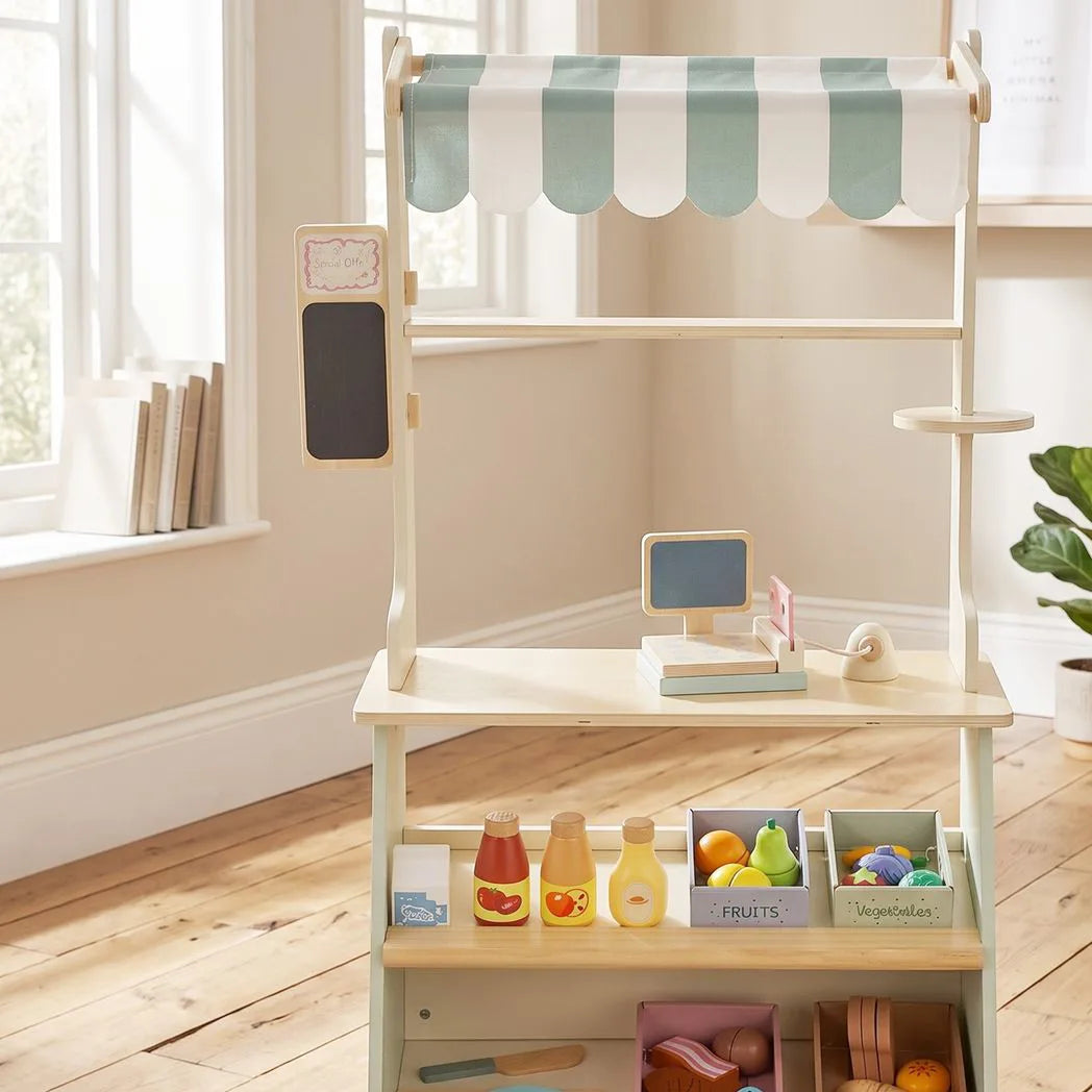 AIYAPLAY Wooden Toy Shop with Cash Register, Blackboard, Toy Food & 4 Storage Boxes – Market Stall, Green