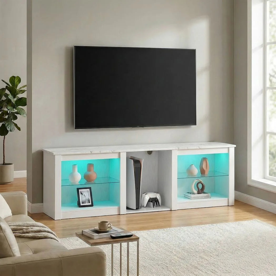 HOMCOM 70in TV Stand with Remote-Controlled LED Lights, Glass Shelves and Cable Management – Media Unit, White