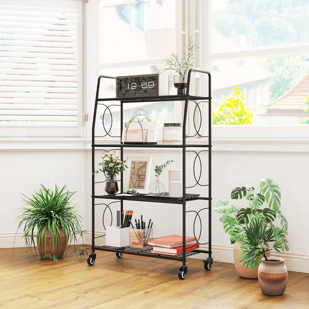 Outsunny 4-Tier Metal Plant Stand with Lockable Wheels, Heavy Duty Ladder Shelf Display Rack