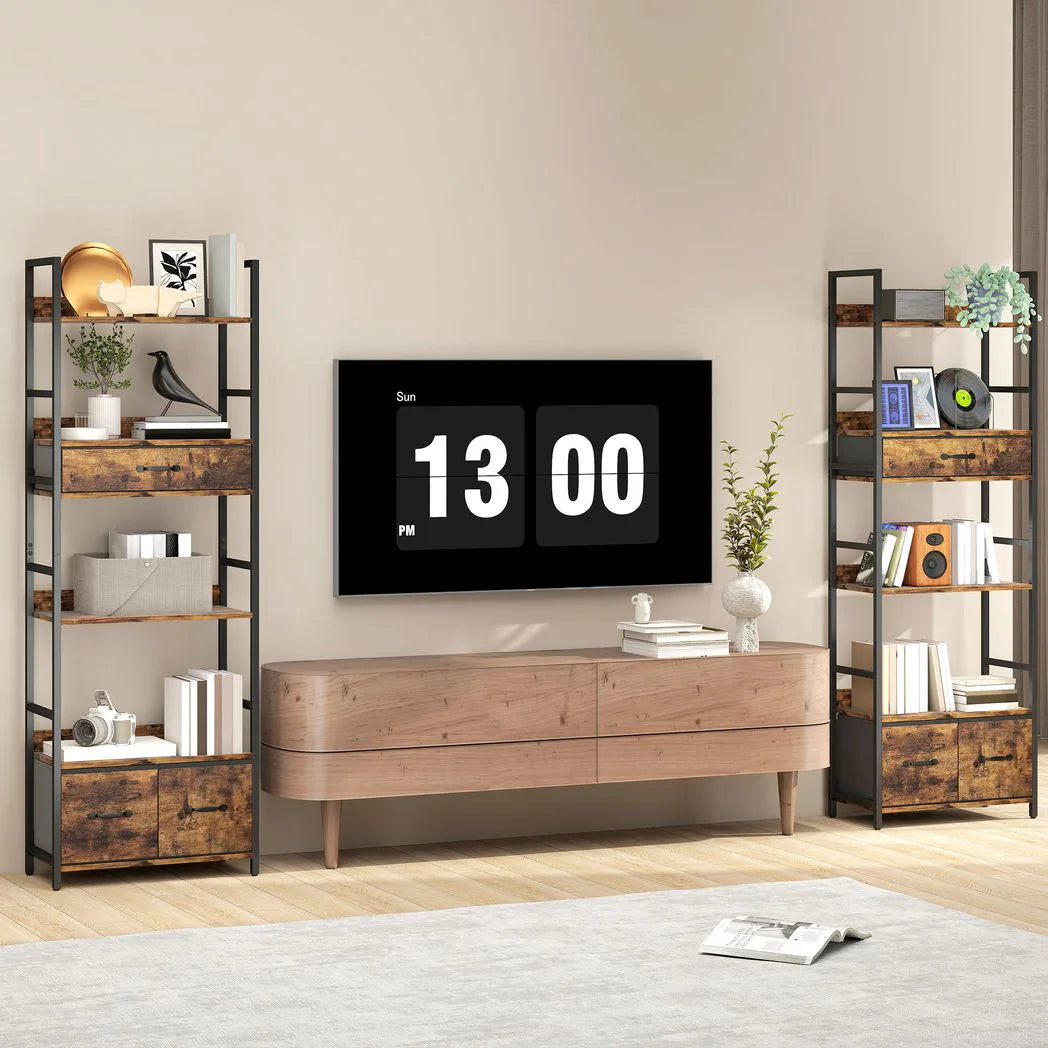 HOMCOM Industrial Bookcase with 4 Open Shelves & 3 Fabric Drawers – Slim 176cm Storage Shelf, Brown/Black