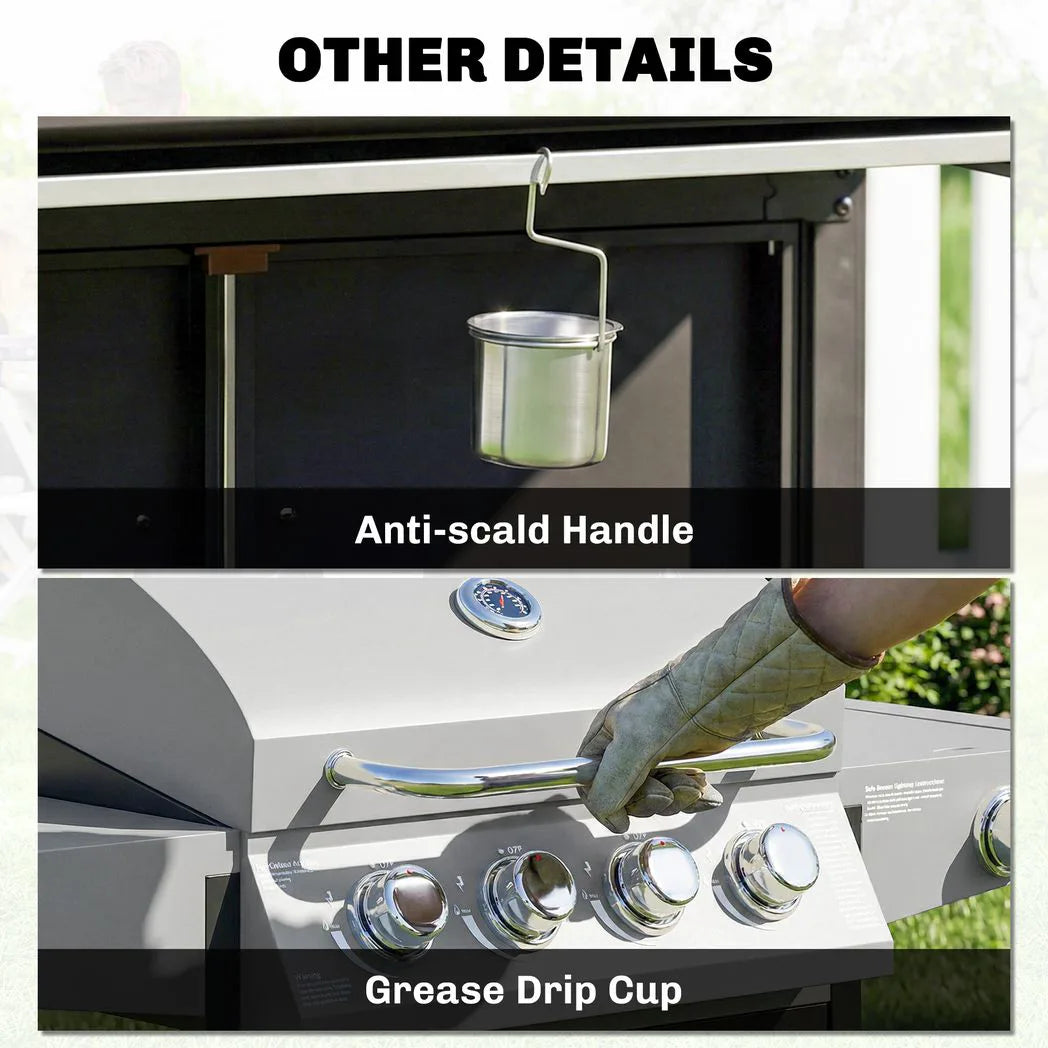 Outsunny 4 Burner Gas BBQ Grill with Side Burner, Lid & Built-in Thermometer – Portable Steel Propane Barbecue on Wheels