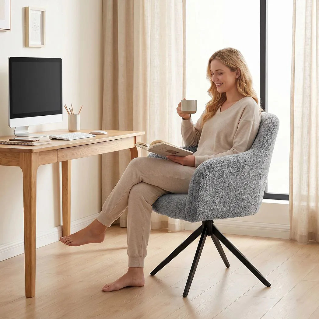 HOMCOM 360° Swivel Accent Chair with Teddy Fleece and Channel Tufting – Curved Armchair, Grey