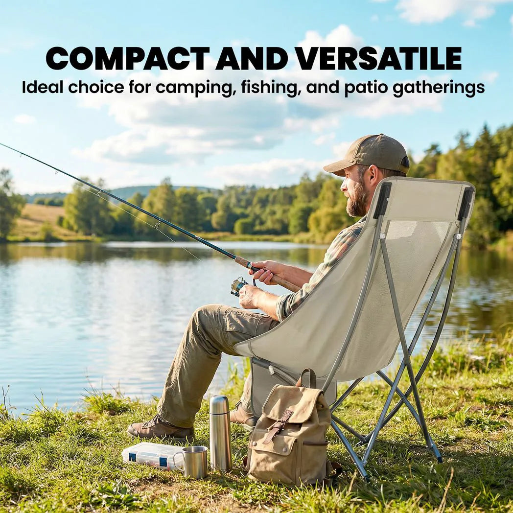Outsunny Heavy Duty Folding Camping Chair with Side Pocket and Carry Bag, 120kg – Moon Chair, Khaki