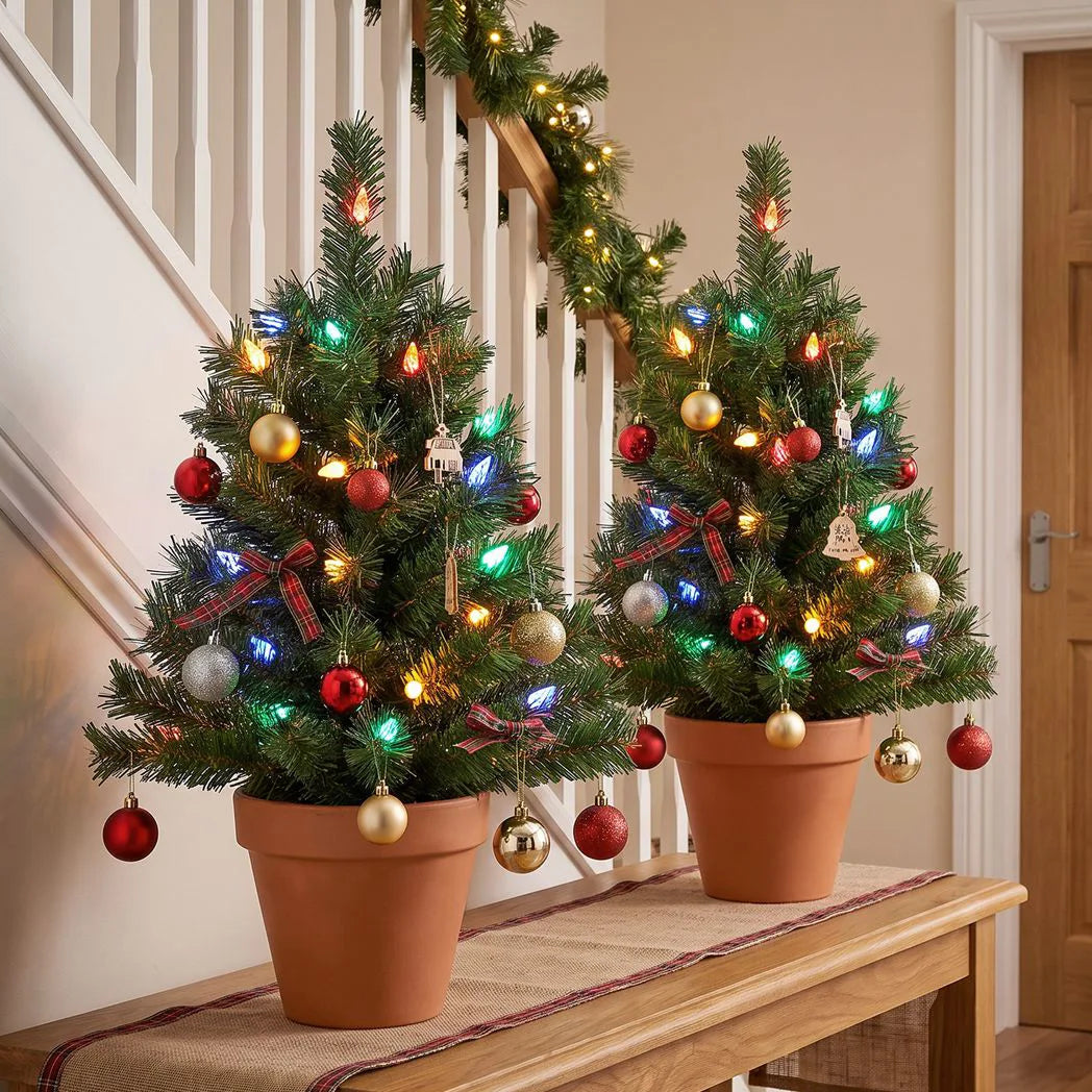 HOMCOM Set of 2 Pre-Lit 60 cm Outdoor Christmas Trees with Ground Stakes and 60 Multicolour LEDs, Green
