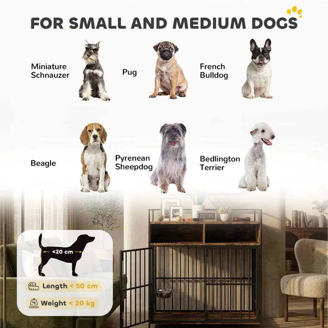 PawHut Dog Crate Furniture with Rotatable Feeding Station and Shelves – Indoor End Table Kennel, Brown