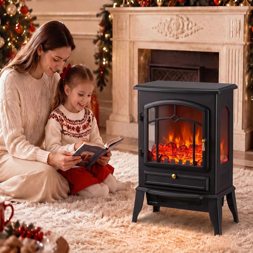HOMCOM 3-Sided Electric Fireplace Stove, 1000W/2000W Freestanding Heater with 3D Flame Log – Black