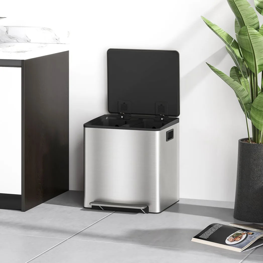 HOMCOM 30L Dual Compartment Pedal Bin with Soft Close Lid, Deodoriser Holders – Stainless Steel Kitchen Bin, Silver Tone