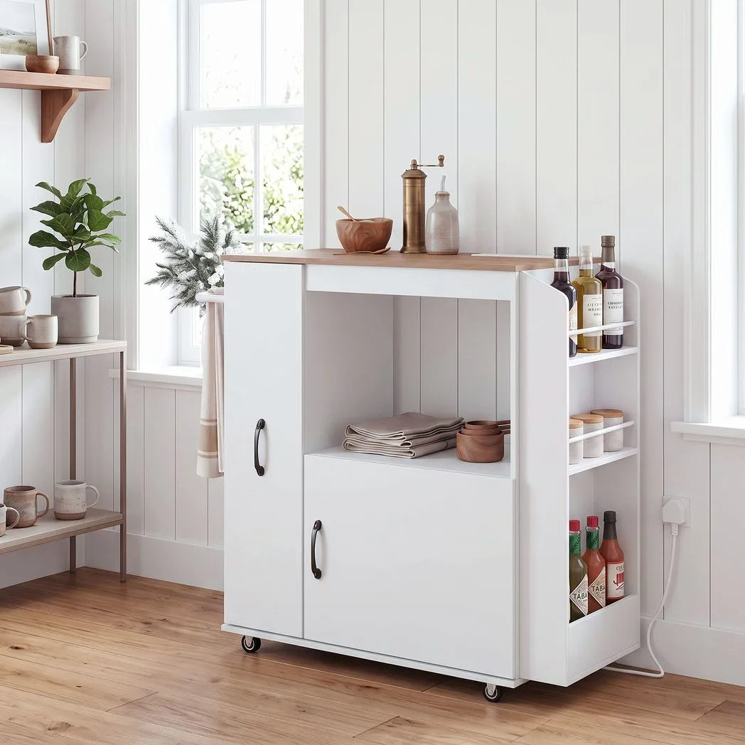 HOMCOM Kitchen Trolley with Power Outlets, USB Ports, Cabinet and Pull-Out Drawer – Rolling Island Cart, White