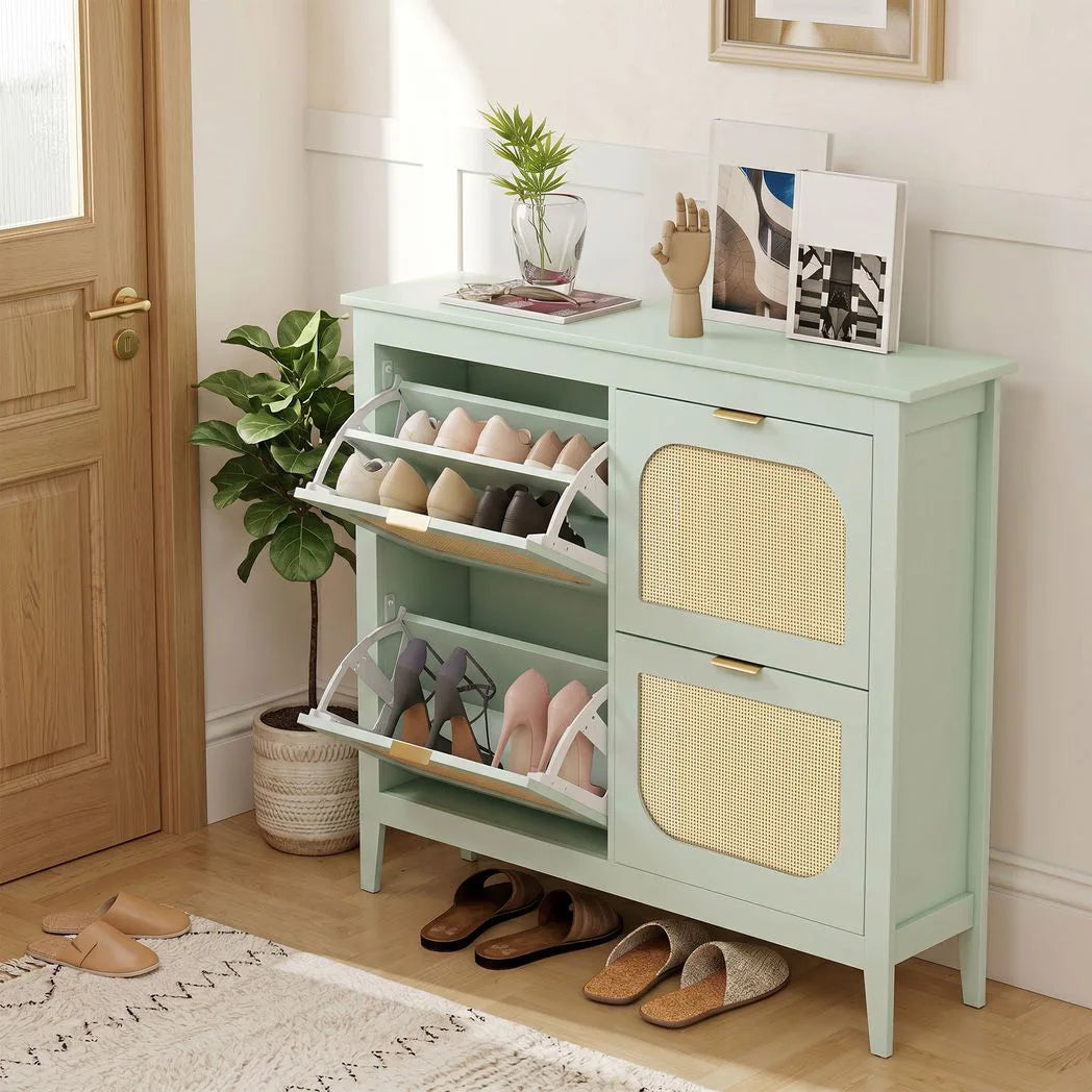 HOMCOM Boho Slim Shoe Cabinet with 4 Flip Drawers, Holds 20 Pairs, 105 x 24 x 95.5 cm – Light Green