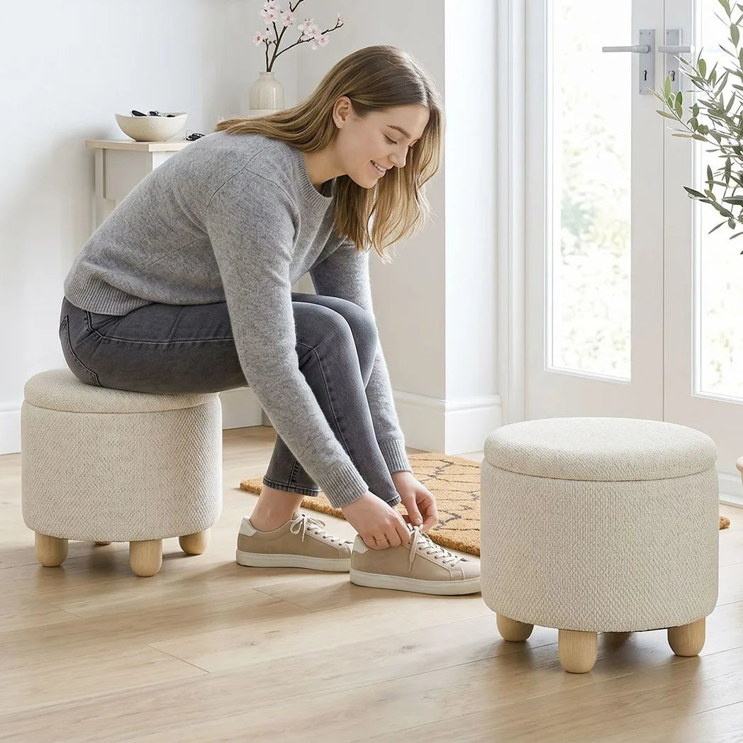HOMCOM Round Storage Ottoman with Reversible Lid and Rubberwood Legs – 19L Sitting Bench, Beige