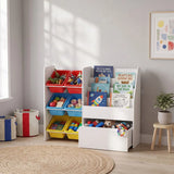 AIYAPLAY 3-Tier Kids Bookshelf & Toy Organiser with 6 Bins and Rolling Toy Box – Multicoloured