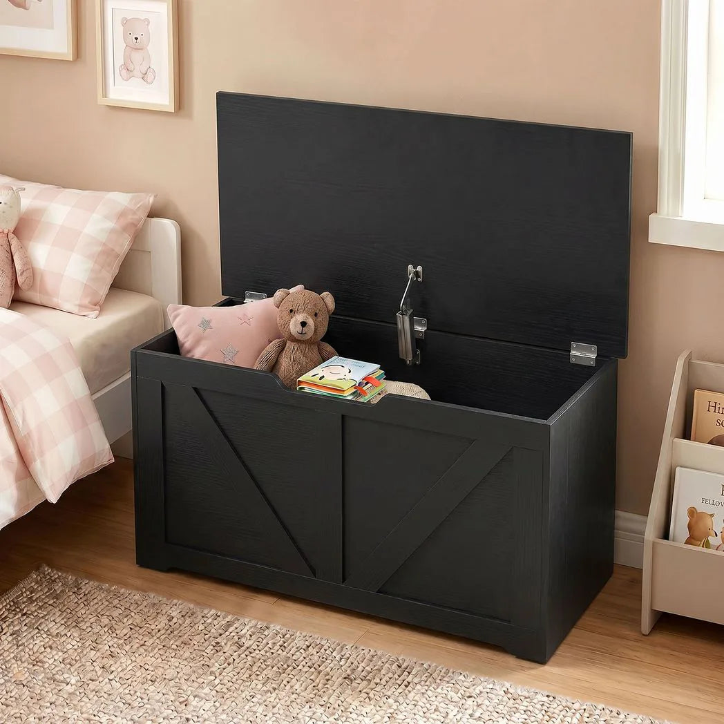 HOMCOM 100L Storage Box with Safety Hinge & Seat Top – Storage Trunk Bench, Black Wood-Effect