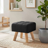 HOMCOM Linen-Look Square Padded Footstool with Wooden Legs – Leg Rest and Vanity Stool, Black