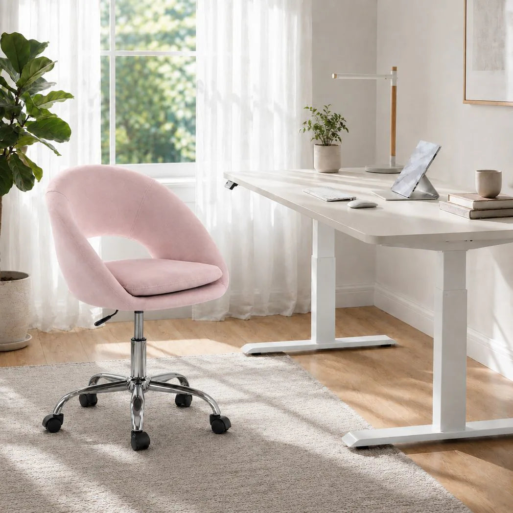 HOMCOM Velvet Desk Chair with Height-Adjustable Seat and Swivel Wheels – Modern Home Study Office Chair, Pink