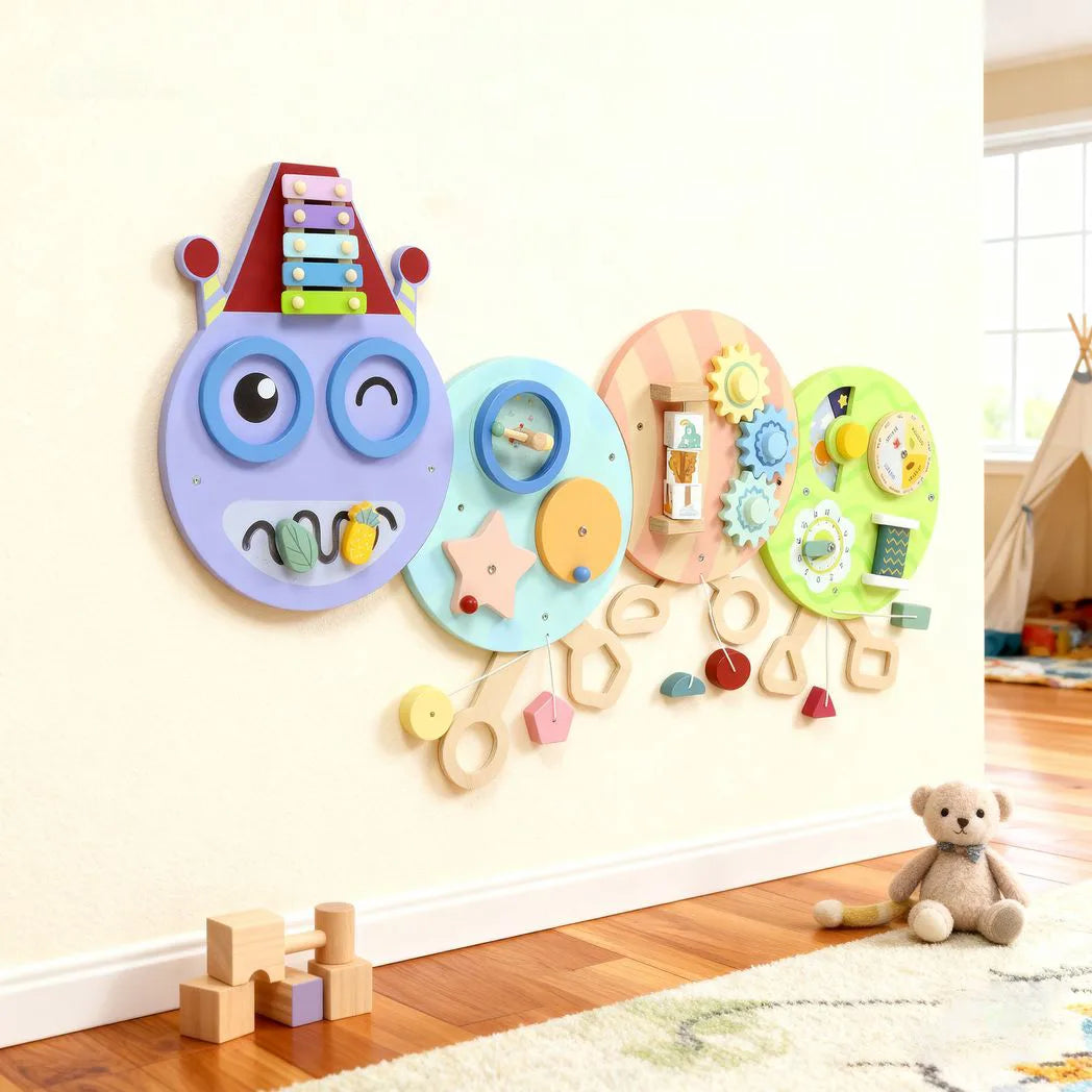 AIYAPLAY Caterpillar Busy Board with 7 Activities – Wall-Mounted Montessori Play for Nursery, Ages 3+