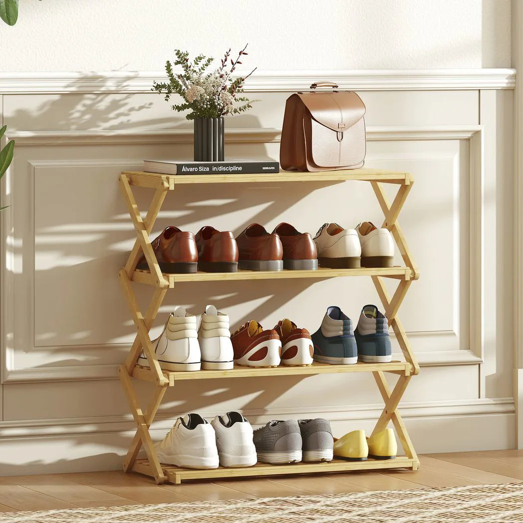 HOMCOM 4-Tier Folding Bamboo Shoe Rack, 12 Pairs, 67 x 60 x 29 cm – Natural