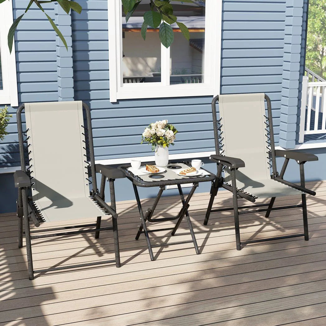 Outsunny Three-Piece Folding Garden Bistro Set with Two Armchairs and Mesh-Top Table – Patio Furniture, Cream White