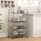 HOMCOM 4-Tier Stainless Steel Kitchen Storage Trolley with Adjustable Shelves and Lockable Wheels – Silver