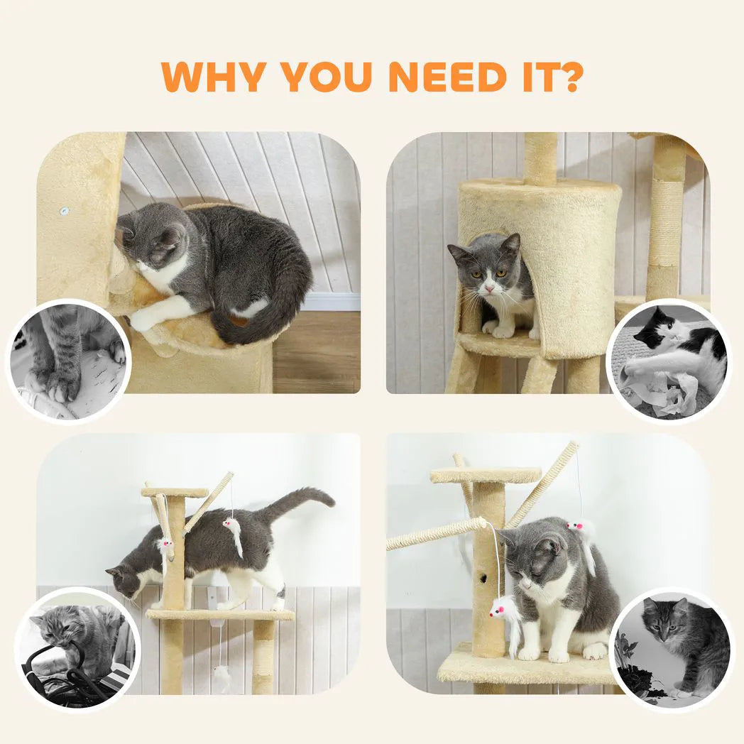 PawHut 134cm Multi-Level Cat Tower with Condo and Sisal Scratching Posts – Indoor Cat Tree, Beige