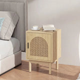 HOMCOM Rattan Bedside Table with Arched Doors and Adjustable Shelf – Boho Bedroom Nightstand, Natural Wood