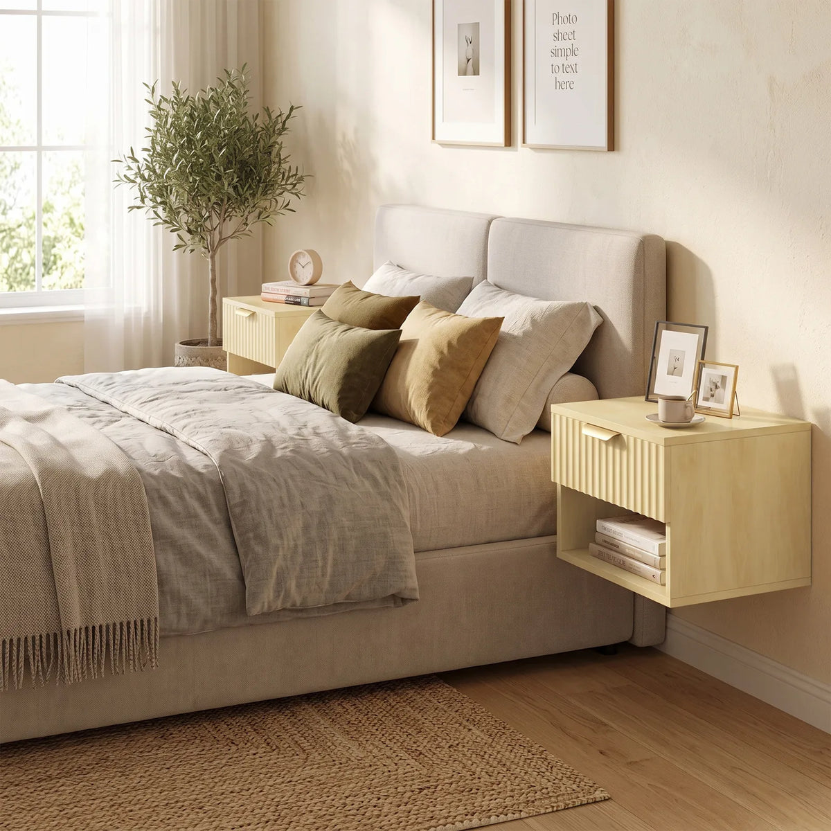HOMCOM Floating Nightstands Set of 2 with Fluted Drawer and Open Shelf – Wall-Mounted Bedside Tables, Oak