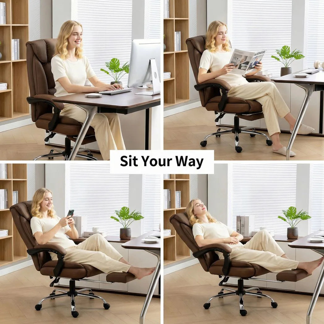 HOMCOM 155° Reclining Faux Leather Office Chair with Footrest & 360° Swivel – Executive Chair, Brown