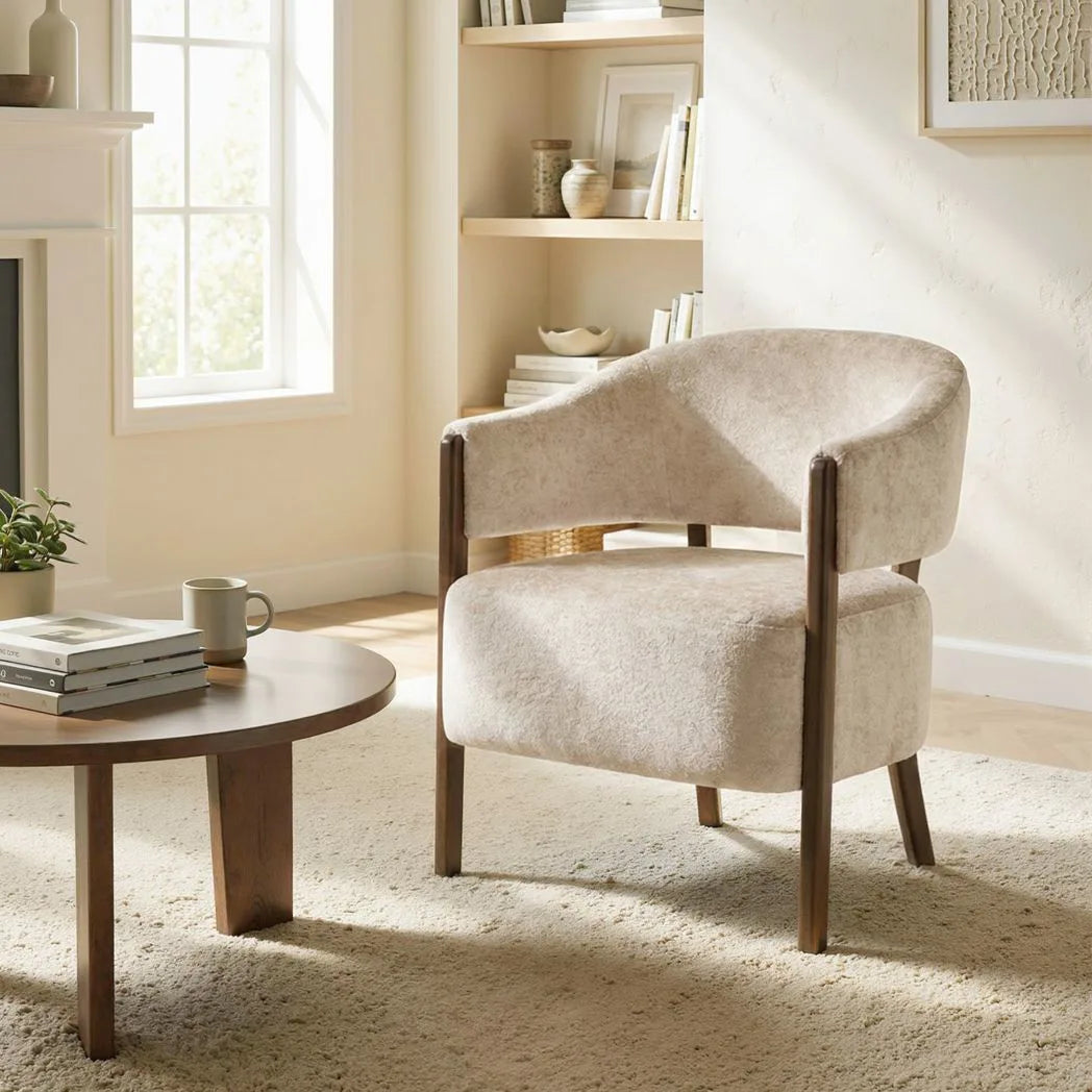 HOMCOM Chenille Accent Tub Chair with Wide Seat and Solid Wood Frame – Comfy Armchair, Beige