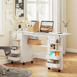 HOMCOM Folding Sewing Table with 2 Magnetic Doors and Lockable Wheels – Craft Cabinet, White