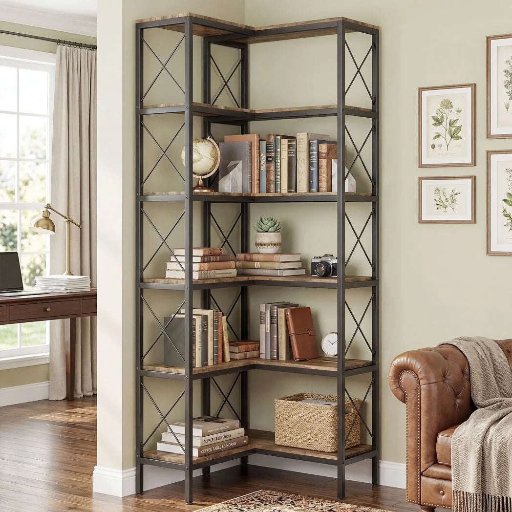 HOMCOM 5-Tier L-Shaped Corner Bookshelf with Metal Frame and Anti-Tipping Kit – Freestanding, Rustic Brown