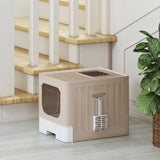 PawHut Cat Litter Box with Lid, Slide-Out Drawer and Scoop – Odour Control, Anti-Splashing, Khaki