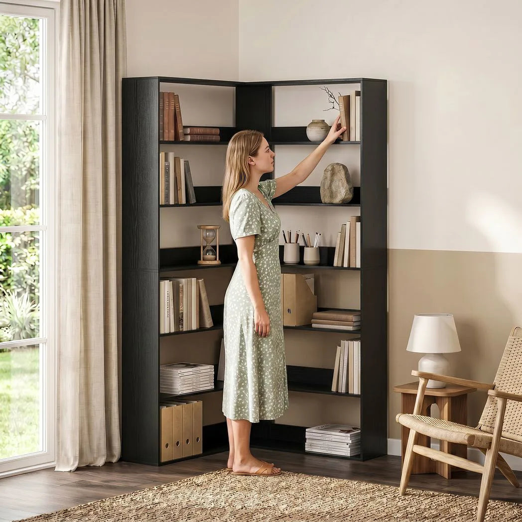 HOMCOM 7-Tier L-Shaped Corner Bookcase with Anti-Slip Rear Guards – 180 cm Display Shelf, Black Wood Effect