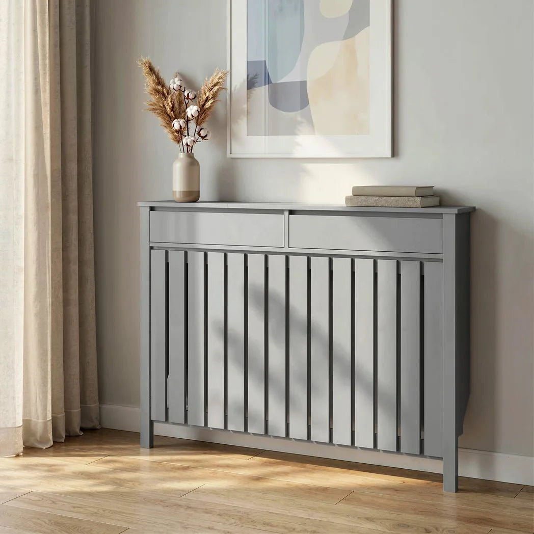 HOMCOM Modern Radiator Cover with Top Drawers and Vertical Slats, 93 x 119cm – Slimline Heater Cabinet, Grey
