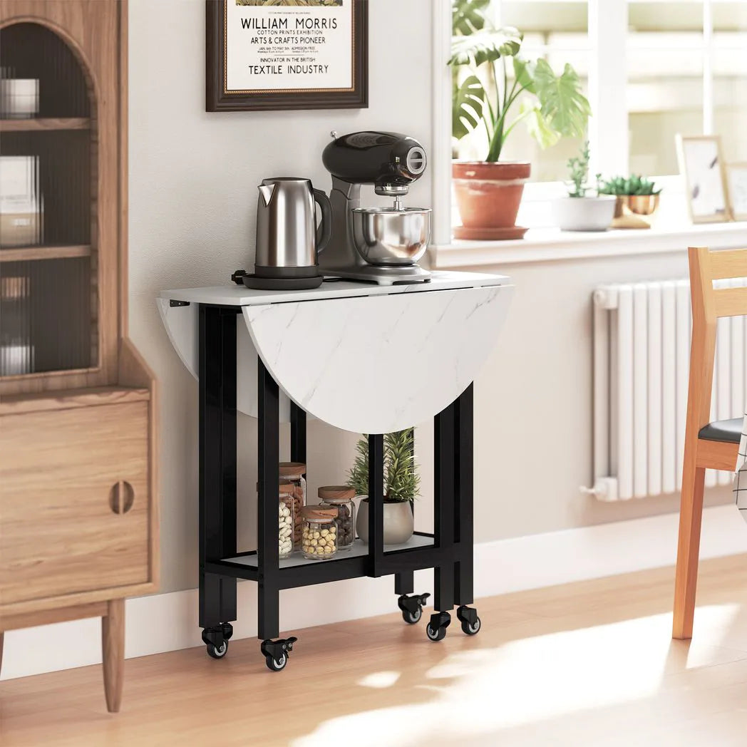HOMCOM Folding Drop Leaf Dining Table with Open Shelf and Lockable Wheels – Space-Saving, White Marble