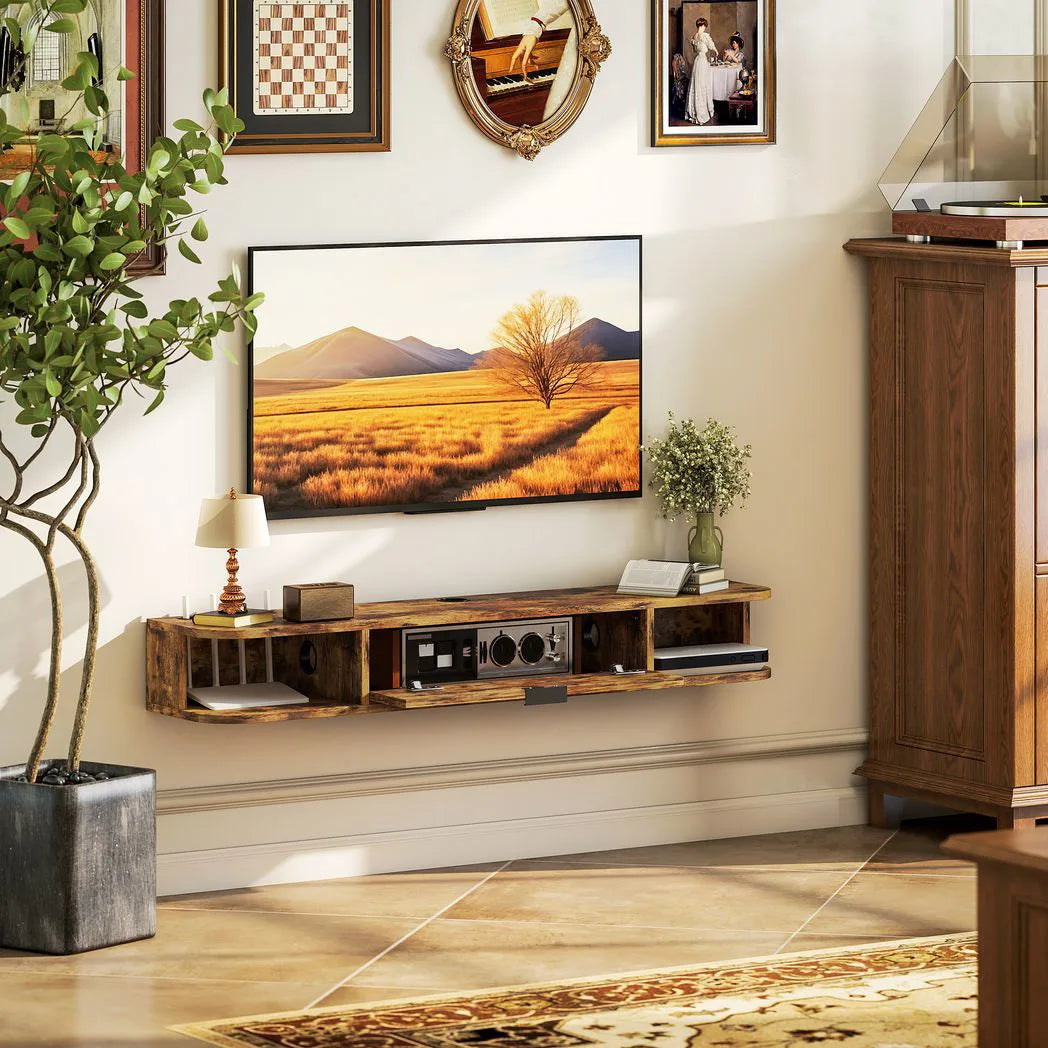 HOMCOM 120 cm Floating TV Unit for TVs up to 50 Inch with Flip Drawer and Open Shelves – Rustic Brown