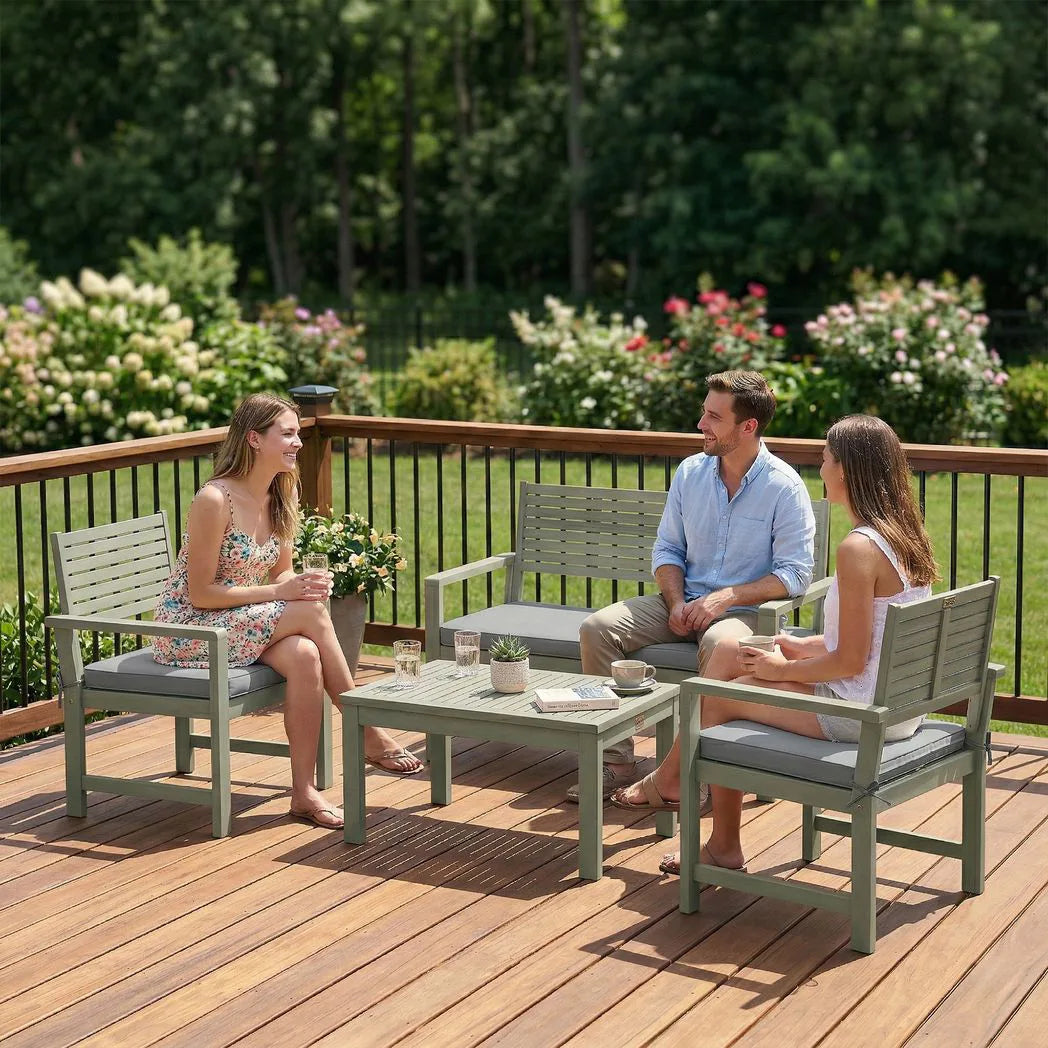 Outsunny 4 Seater Acacia Wood Garden Furniture Set with Loveseat, Armchairs and Table – Patio Sofa Set, Light Grey