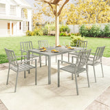 Outsunny 7 Piece Garden Dining Set – 152cm Steel Table with Parasol Hole and 6 Stackable Armchairs, Light Grey