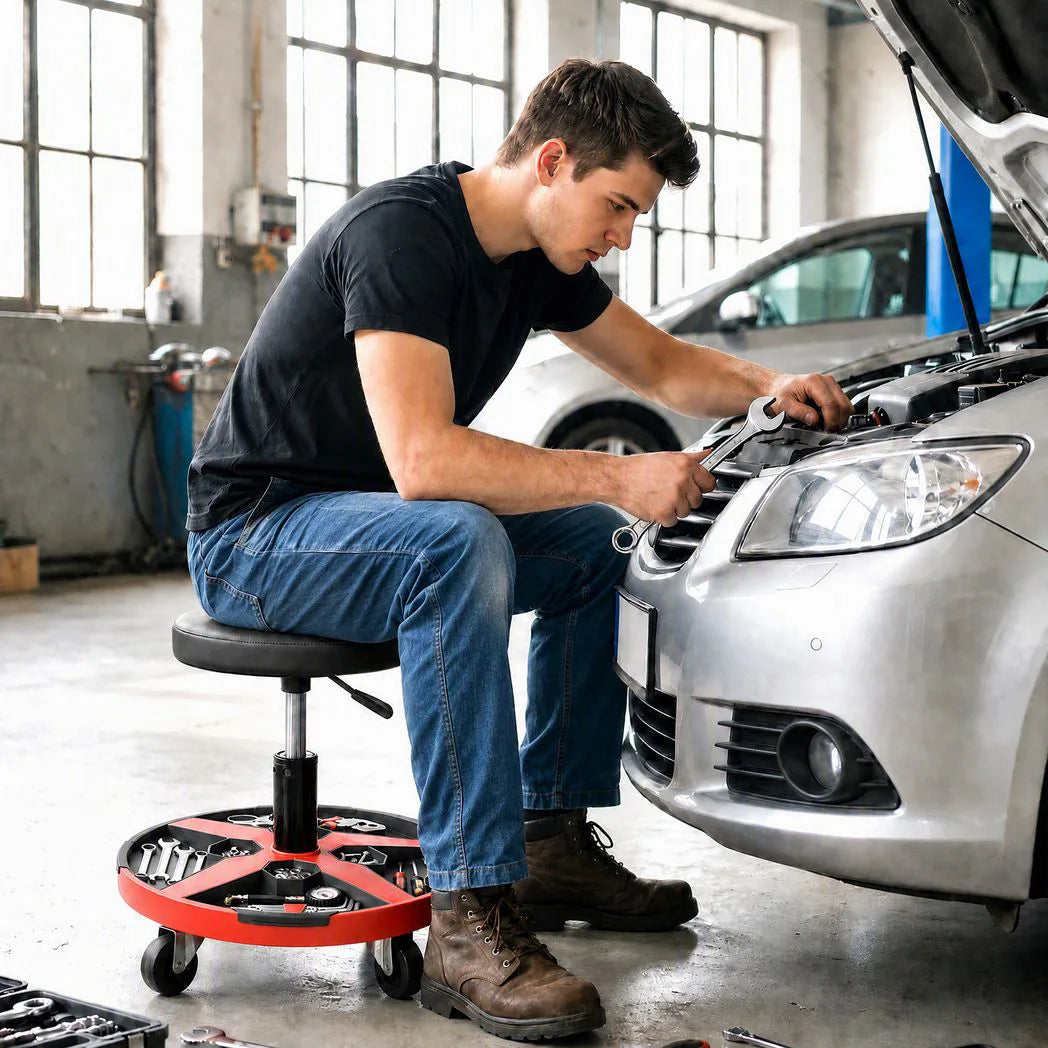 HOMCOM Rolling Mechanic Stool with Tool Tray, 40-52cm Adjustable Height, 135kg – Padded Workshop Seat, Black