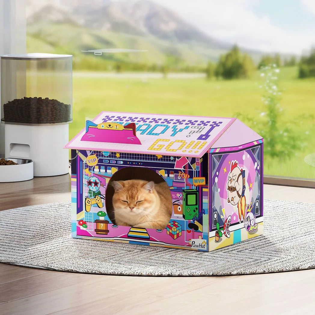 PawHut 2-in-1 Gaming-Style Cardboard Cat House with Scratching Board and Catnip – Indoor Cat Scratcher, Pink