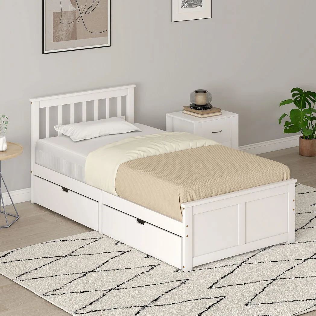 HOMCOM Wooden Single Bed Frame with Two Wheeled Drawers – Pine Wood Storage Bed, 3ft, White