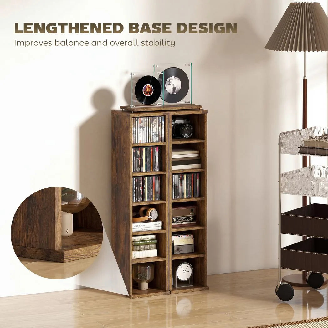 HOMCOM Set of 2 CD Media Storage Towers with Adjustable Shelves, Holds 204 CDs, Rustic Brown