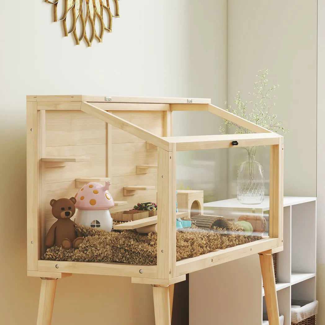 PawHut Wooden Hamster Cage with Openable Top, Seesaws and Water Bottle – Gerbil Habitat, 110 x 52 x 101 cm