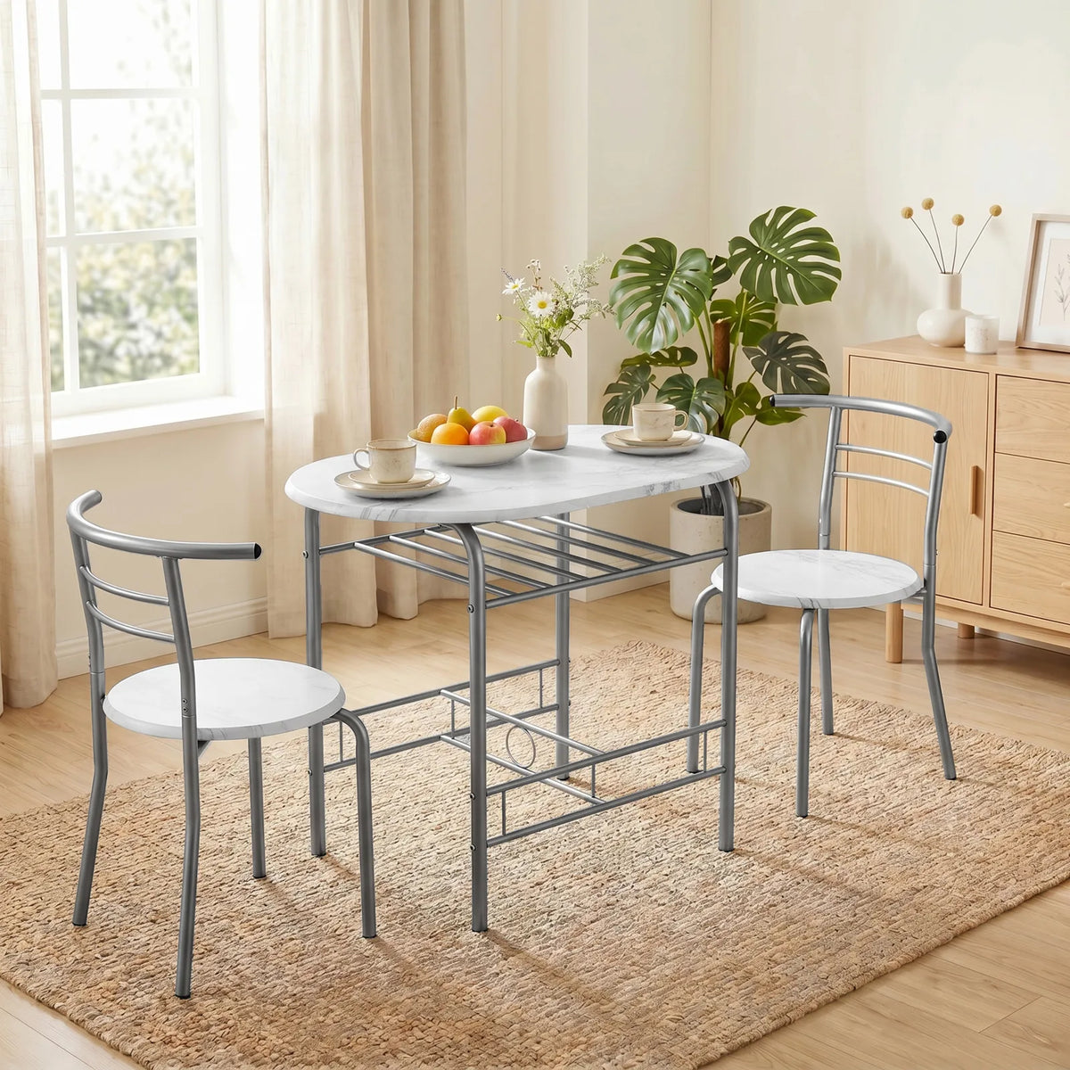 HOMCOM Three-Piece Compact Dining Set with Table Shelf and 2 Chairs – Breakfast Set, White Marble Effect
