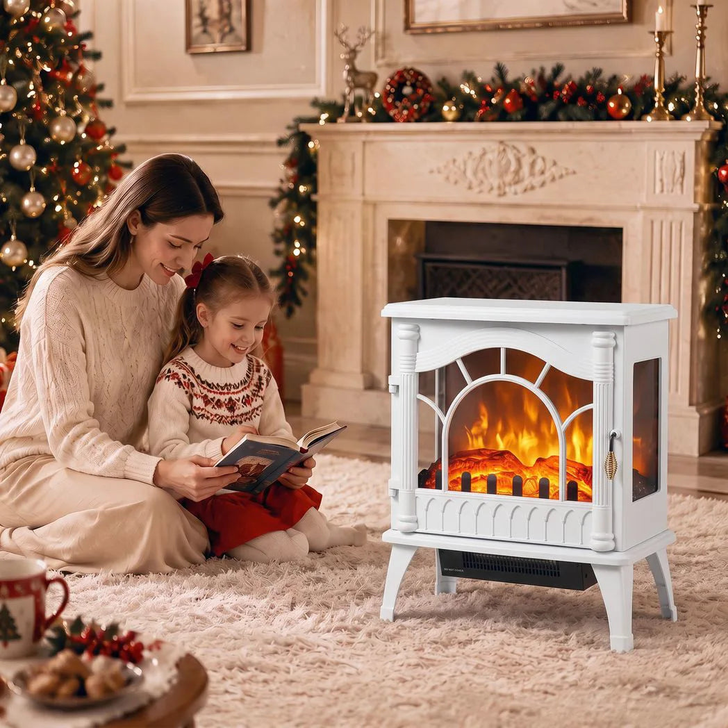 HOMCOM 3-Sided Glass Electric Fireplace Stove with 1000W/2000W Settings and Flame Effect – White