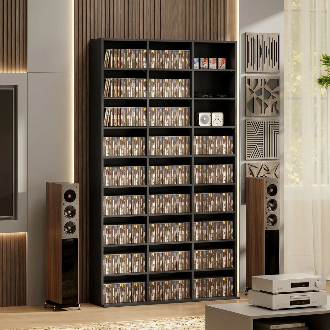 HOMCOM CD and DVD Storage Tower with 27 Compartments and 21 Adjustable Shelves – Media Rack, Black